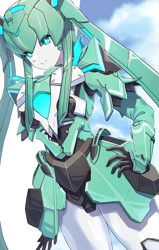 1girl, aqua_armor, aqua_hair, blue_eyes, colored_skin, commission, cowboy_shot, hakidashi_11, long_hair, phantasy_star, phantasy_star_online_2, robot_girl, skeb_commission, solo, twintails, white_skin