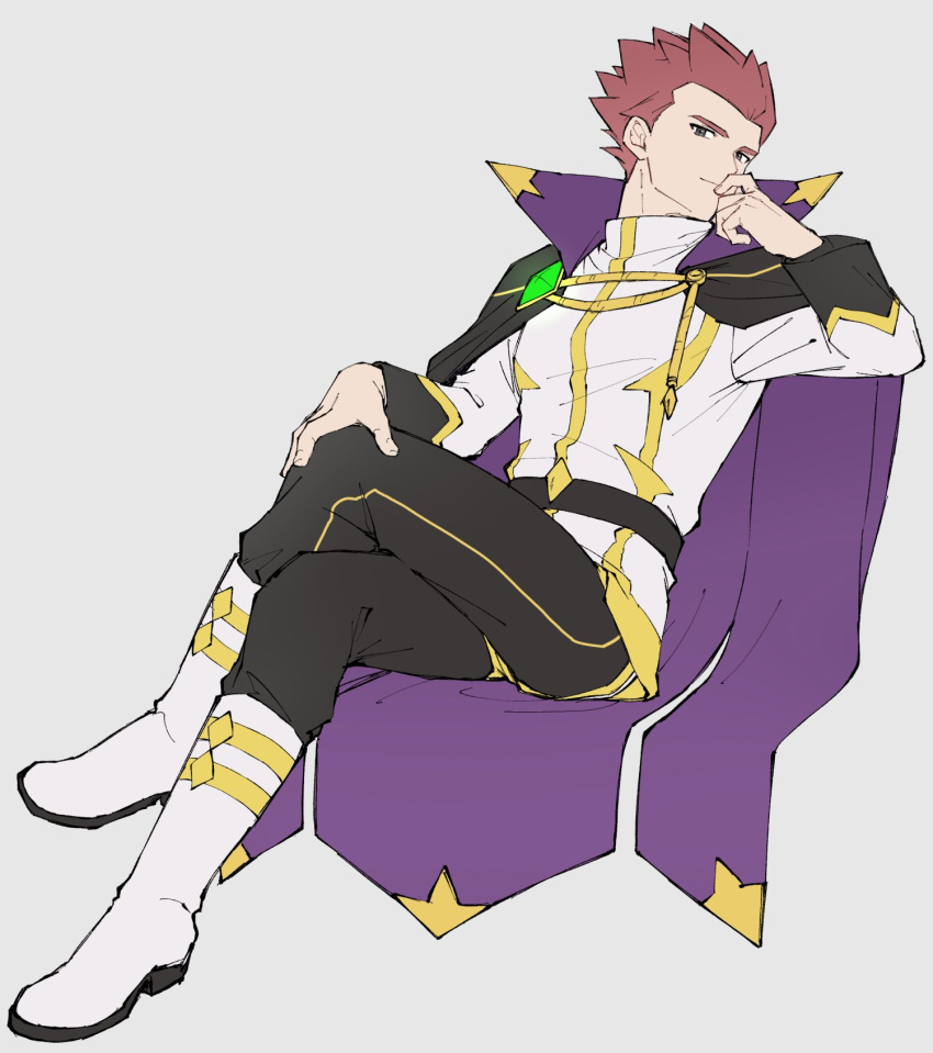 1boy, belt, black_belt, black_pants, cape, closed_mouth, commentary_request, crossed_legs