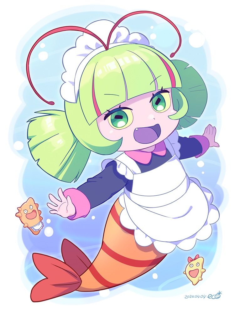 1girl, antennae, apron, blunt_bangs, blunt_ends, collared_shirt, colored_sclera, colored_tongue, commentary_request, dated, eco_(petticoat), elda_(precure), fang, green_eyes, green_hair, green_sclera, horizontal_pupils, long_sleeves, looking_at_viewer, maid_headdress, mermaid, monster_girl, multicolored_hair, open_mouth, outstretched_arms, pink_hair, precure, purple_mouth, purple_tongue, shirt, shrimp_girl, shrimp_tail, sleeve_cuffs, smile, solo, streaked_hair, tropical-rouge!_precure, twintails