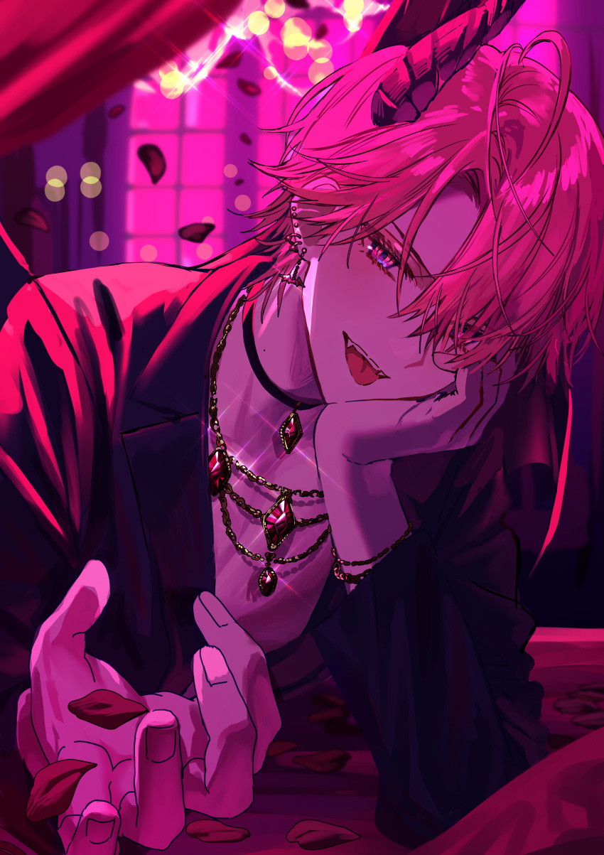 1boy, absurdres, ahoge, bat_earrings, black_choker, black_jacket, blurry, blurry_background