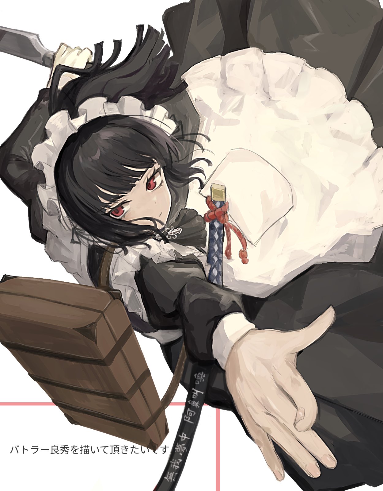 1girl, apron, ascot, black_ascot, black_dress, black_hair, blunt_bangs, blunt_ends
