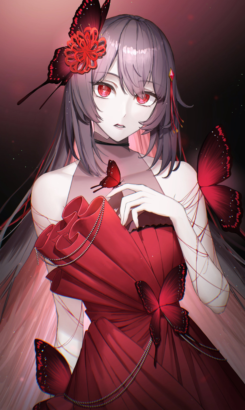 1girl, absurdres, bare_shoulders, black_hair, bug, butterfly, butterfly_hair_ornament, commentary
