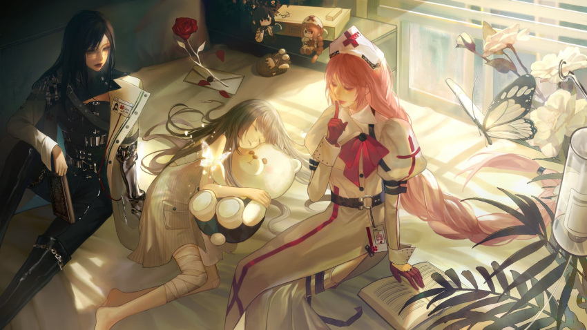 3girls, anne_(path_to_nowhere), arm_on_knee, bandaged_leg, bandages, bandaid, bandaid_on_knee, bandaid_on_leg, bare_arms, bare_shoulders, barefoot, belt, belt_buckle, black_belt, black_boots, black_capelet, black_hair, black_lips, black_pants, black_tube_top, blinders, book, boots, bow, bowtie, box, braid, buckle, bug, butterfly, buttons, capelet, carnation, chain, character_doll, character_request, chest_belt, child, chinese_commentary, closed_eyes, closed_mouth, collared_dress, commentary_request, day, dress, envelope, feet_out_of_frame, finger_to_mouth, flower, glasses, gloves, grey_dress, grey_hair, hair_spread_out, happy, hat, highres, holding, holding_book, holding_stuffed_toy, hospital, hugging_object, indoors, intravenous_drip, iron_(path_to_nowhere), jiaopiupiu, juliet_sleeves, knee_boots, knee_up, lab_coat, latex, latex_boots, latex_pants, light_particles, light_rays, light_smile, lipstick, long_dress, long_hair, long_skirt, long_sleeves, looking_at_another, lying, makeup, mechanical_arms, multiple_belts, multiple_girls, name_tag, nightstand, nurse, nurse_cap, o-ring, o-ring_belt, on_bed, on_side, open_book, oversized_object, palm_leaf, pants, path_to_nowhere, petals, pink_hair, pink_lips, plant, pleated_skirt, pocket, potted_plant, puffy_sleeves, red_bow, red_bowtie, red_flower, red_gloves, red_rose, rose, rose_petals, scar, scar_across_eye, side_slit, single_braid, single_mechanical_arm, sitting, skirt, skirt_under_dress, sleeping, sleeve_cuffs, sleeveless, sleeveless_dress, strapless, striped_clothes, striped_dress, studded_belt, stuffed_animal, stuffed_toy, teddy_bear, tube_top, vertical-striped_clothes, vertical-striped_dress, very_long_hair, wax_seal, white-framed_eyewear, white_butterfly, white_dress, white_flower, white_hat, white_skirt, window