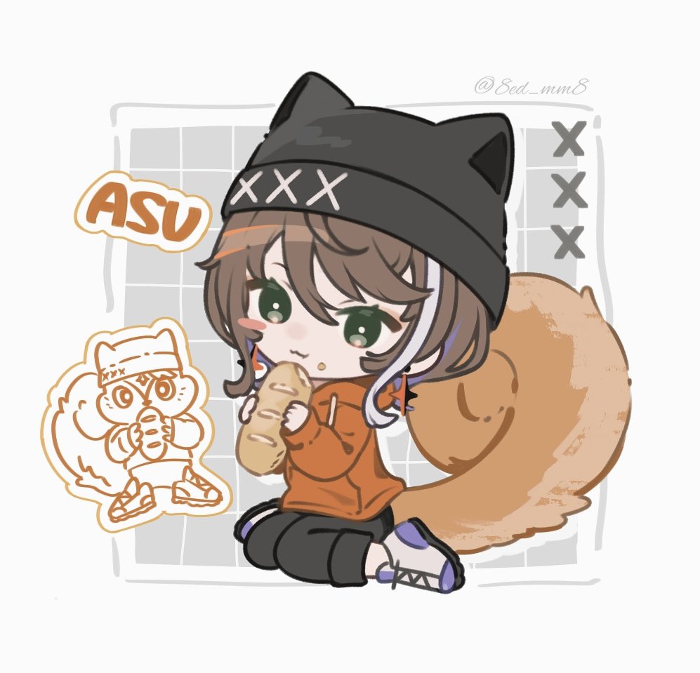 1girl, :3, animal_ear_headwear, asu_(sinsekai), beanie, black_hat, black_pants, bread