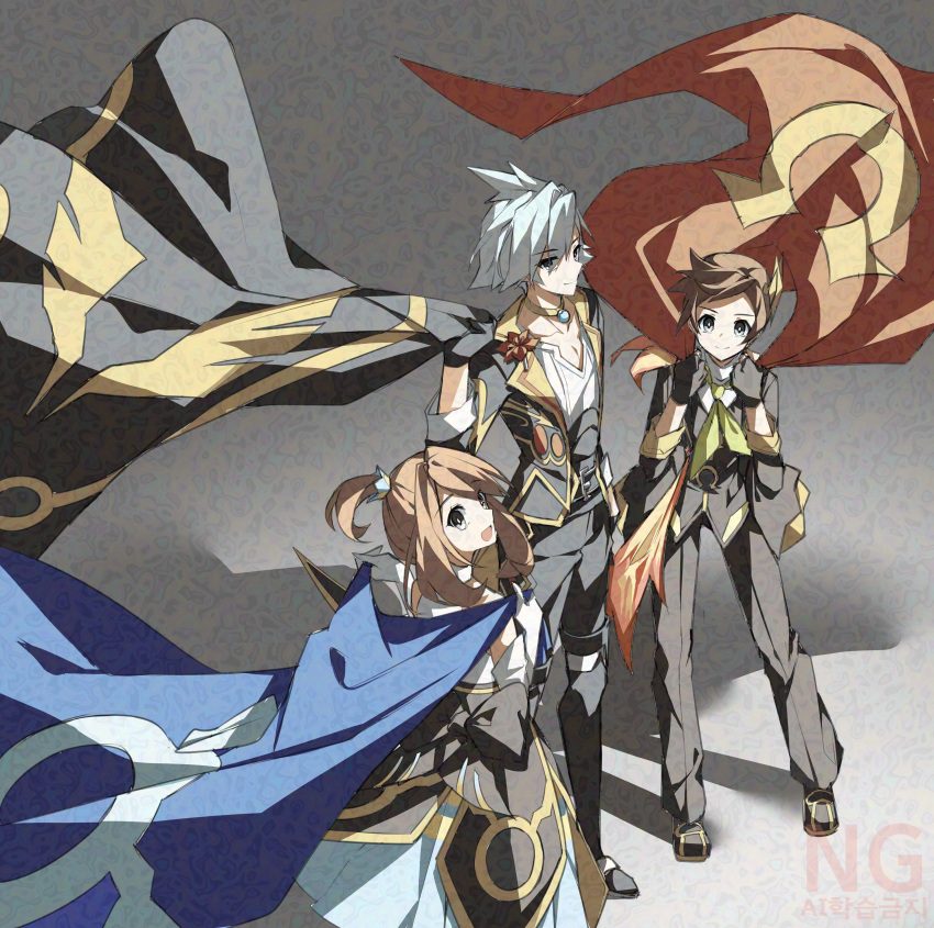 1girl, 2boys, :d, absurdres, black_cape, black_dress, black_eyes, black_gloves