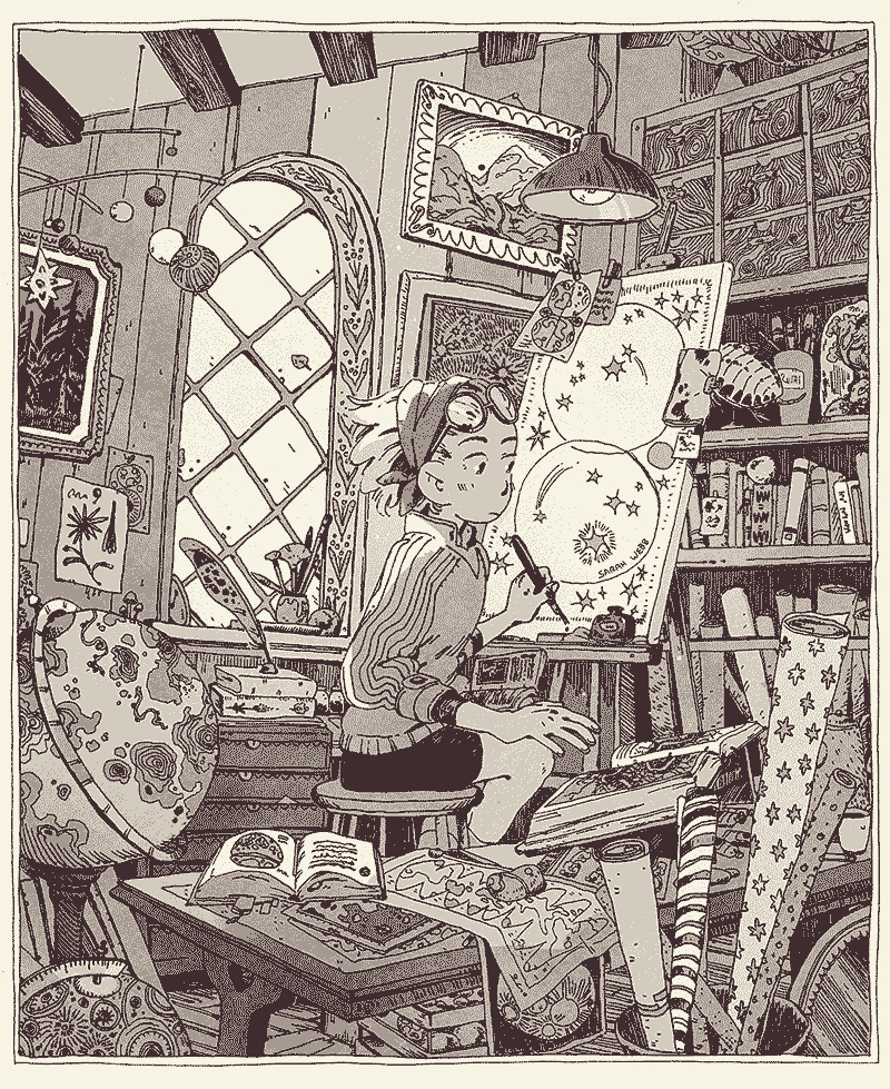 1girl, artist_name, bell_jar, black_skirt, book, book_stack, bookshelf, border