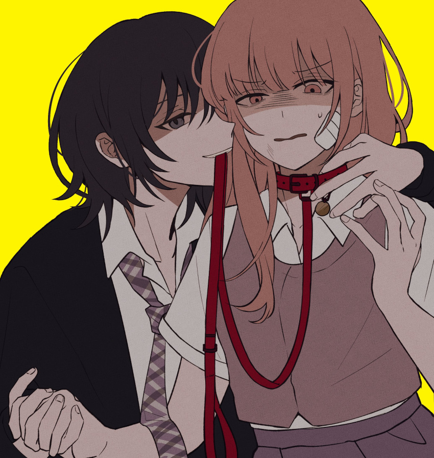 2girls, animal_collar, arm_around_neck, black_cardigan, black_eyes, black_hair, brown_eyes, brown_hair