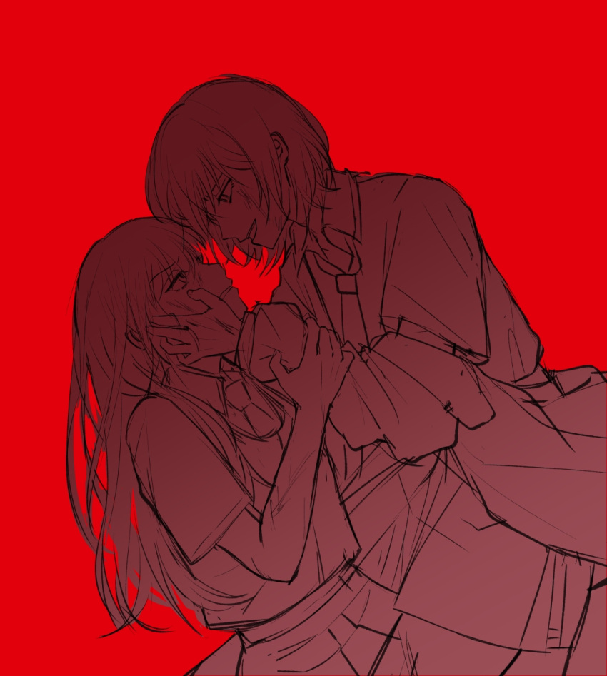 2girls, collared_shirt, commentary, greyscale_with_colored_background, guiltyskullu, hand_on_another's_face, highres, long_hair
