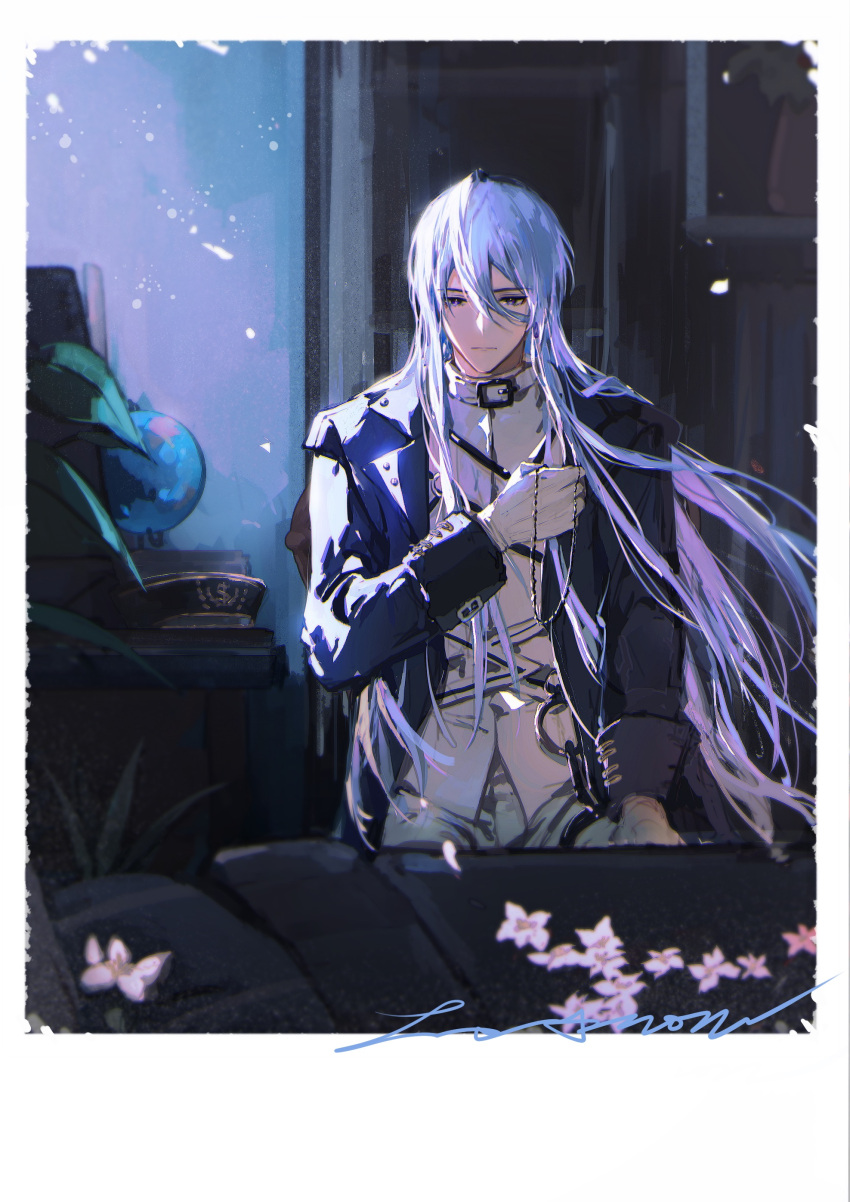 1boy, absurdres, allis-well, black_jacket, black_sleeves, border, buckle, cael_anselm, closed_mouth, cowboy_shot, door, double-parted_bangs, downturned_eyes, falling_petals, flower, gloves, hair_between_eyes, hair_over_shoulder, hat, highres, holding, holding_jewelry, holding_necklace, indoors, jacket, jewelry, light_particles, long_bangs, long_sidelocks, long_sleeves, lovebrush_chronicles, male_focus, necklace, pants, petals, pink_flower, plant, shirt, sidelighting, sidelocks, signature, sitting, sleeve_cuffs, solo, straight-on, table, violet_eyes, white_border, white_gloves, white_pants, white_shirt