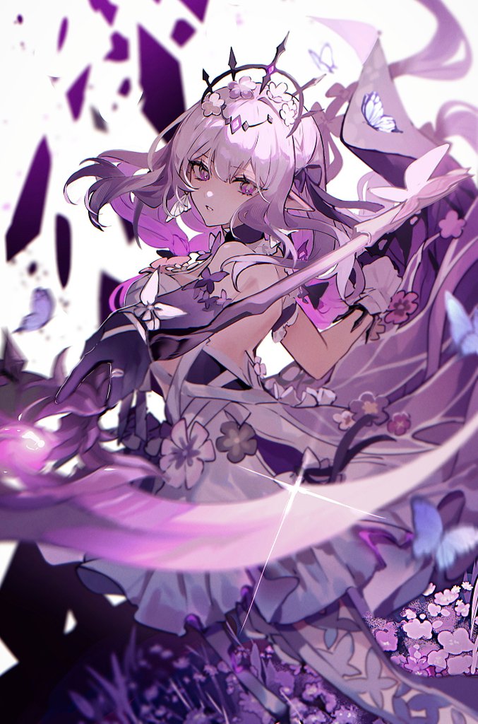 1girl, black_tiara, bug, butterfly, castorice_(honkai:_star_rail), colored_inner_hair, crown, dress