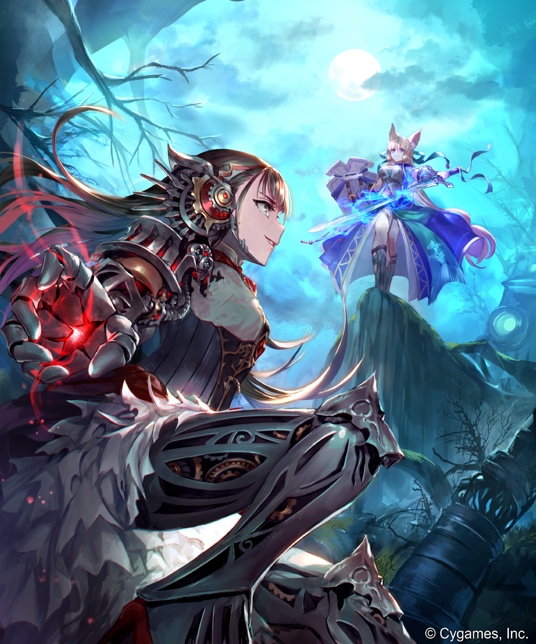 2girls, android, animal_ears, armor, bare_legs, black_hair, blonde_hair, blue_eyes, breasts, cliff, company_name, dress, gear_hair_ornament, gears, grin, highres, holding, holding_shield, holding_sword, holding_weapon, irua, joints, large_breasts, long_hair, looking_at_another, looking_down, looking_up, mechanical_arms, mechanical_hands, mechanical_legs, mistolina_(shadowverse), mono_(shadowverse), multiple_girls, night, night_sky, official_art, outdoors, red_eyes, robot_joints, shadowverse, shield, sky, smile, standing, staring, sword, weapon