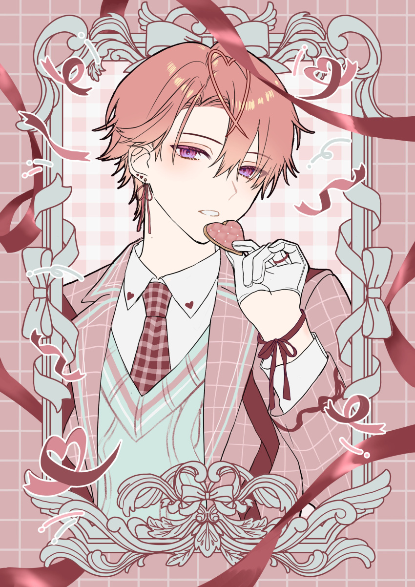 1boy, absurdres, ahoge, commentary_request, ear_piercing, ear_ribbon, earrings, green_sweater_vest