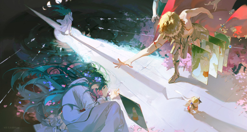 1boy, 1other, androgynous, arabian_clothes, blonde_hair, enkidu_(fate), fate/grand_order, fate_(series)