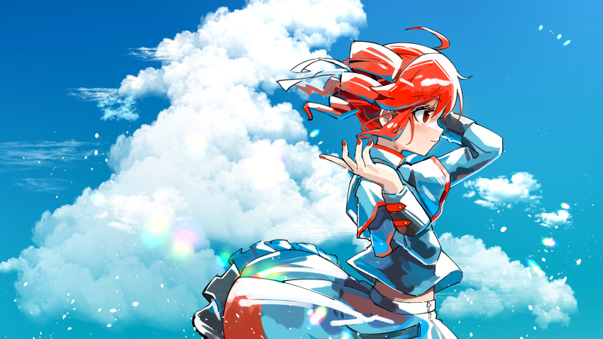 1girl, absurdres, ahoge, black_skirt, black_sleeve_cuffs, closed_mouth, clouds, drill_hair