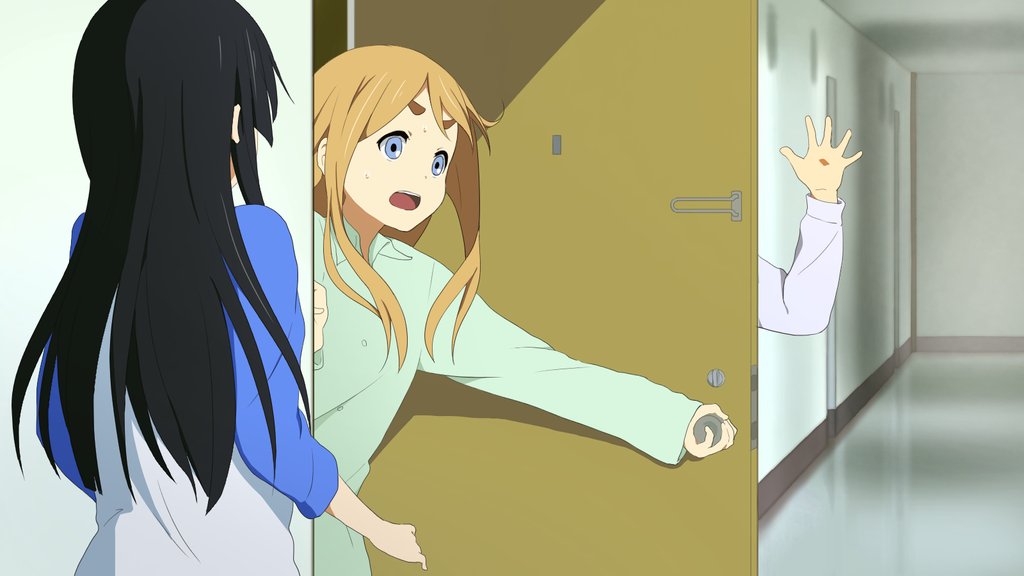 1other, 2girls, akiyama_mio, arm_up, black_hair, blonde_hair, blue_eyes, door, doorknob, hallway, k-on!, kicchi_(tmgk), kotobuki_tsumugi, long_hair, multiple_girls, open_mouth, pajamas, slamming_door, sweat, teeth, thick_eyebrows, two-tone_shirt, upper_teeth_only, wide-eyed