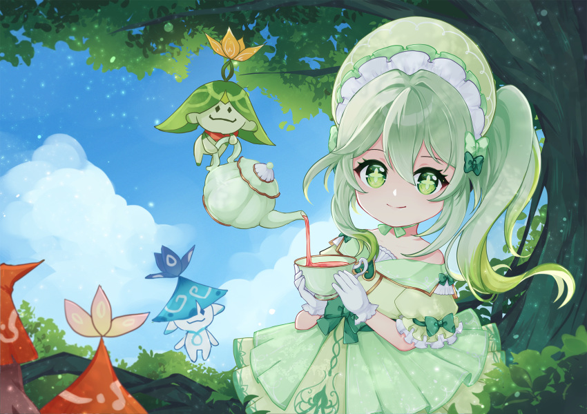 1girl, anosen, aranara_(genshin_impact), bare_shoulders, bonnet, bow, closed_mouth, collarbone, commentary, cup, day, dress, genshin_impact, gloves, green_bonnet, green_bow, green_dress, green_eyes, green_hair, hair_between_eyes, hair_bow, highres, holding, holding_cup, holding_teapot, long_hair, looking_at_viewer, nahida_(genshin_impact), off-shoulder_dress, off_shoulder, outdoors, pouring, short_sleeves, side_ponytail, smile, solo, symbol-shaped_pupils, teacup, teapot, white_gloves
