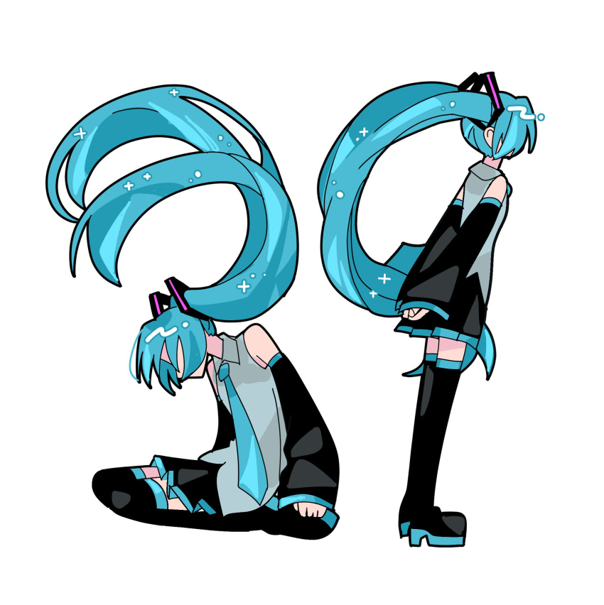 1girl, 39, black_boots, black_skirt, black_sleeves, blue_hair, blue_necktie, boots, detached_sleeves, floating_hair, from_side, full_body, grey_shirt, hair_ornament, hatsune_miku, highres, kawano_rikopin, long_hair, long_sleeves, miniskirt, multiple_views, necktie, pleated_skirt, shirt, simple_background, sitting, skirt, sleeveless, sleeveless_shirt, standing, thigh_boots, twintails, vocaloid, white_background