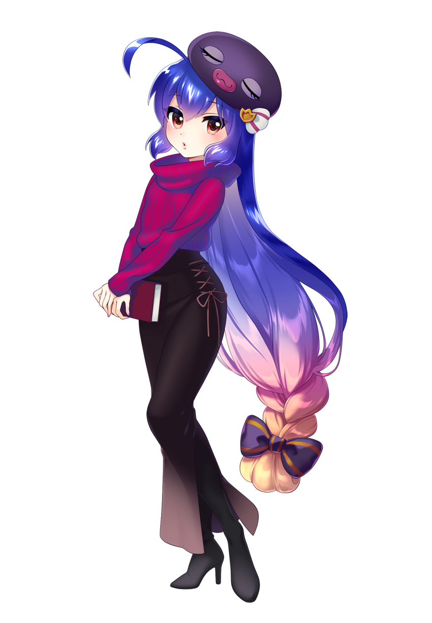 :o, ahoge, bent_knee, blue_hair, book, boots, closed_eyes, eyes_open, gradient_clothes, gradient_hair, hair_bow, hair_ornament, hat, holding_book, holding_object, lace, long_boots, long_hair, looking_at_viewer, low_braid, mature, mature_female, nail_polish, official_art, otomachi_una, red_eyes, side_slit, sidelocks, single_braid, skirt, stiletto_heels, striped_print, sweater, tight_skirt, vocaloid