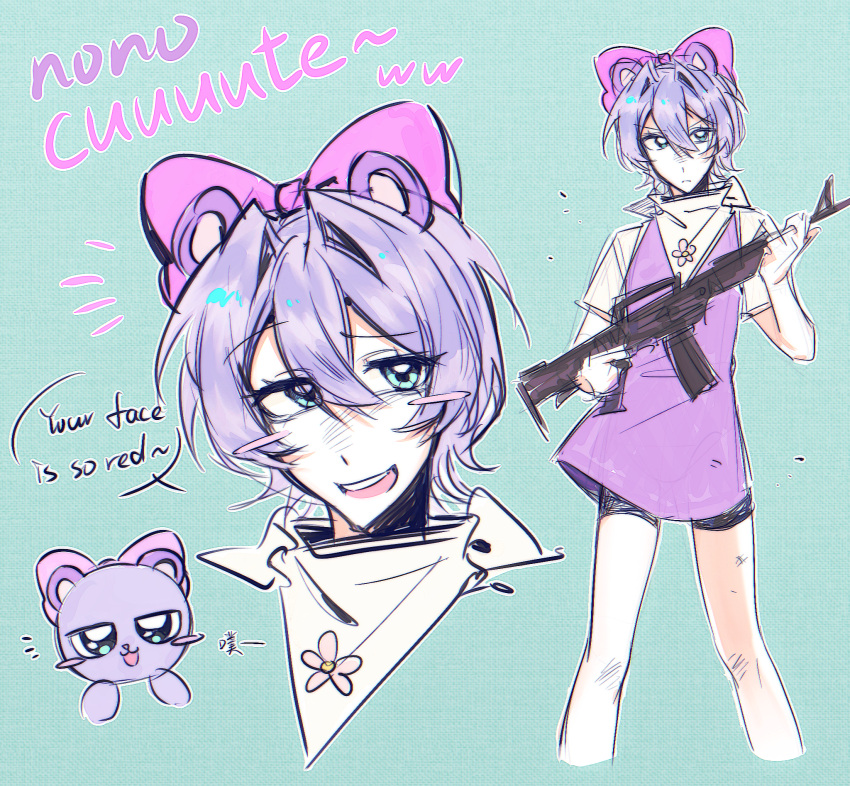 1girl, animal_ears, aqua_eyes, assault_rifle, bandana, bandana_around_neck, black_shorts, blush_stickers, bow, chinese_commentary, closed_mouth, commentary_request, dress, english_text, frown, gun, hair_between_eyes, hair_bow, hair_intakes, highres, holding, holding_gun, holding_weapon, humanization, multiple_views, nono_(pretty_blood), open_mouth, pink_bow, pink_dress, pretty_blood, purple_hair, rifle, shirt, short_sleeves, shorts, shorts_under_dress, siyuyuan82128, sketch, smile, v-shaped_eyebrows, weapon, white_bandana, white_shirt