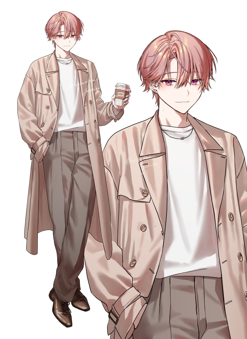 1boy, absurdres, ahoge, brown_coat, brown_pants, brown_shoes, closed_mouth, coat