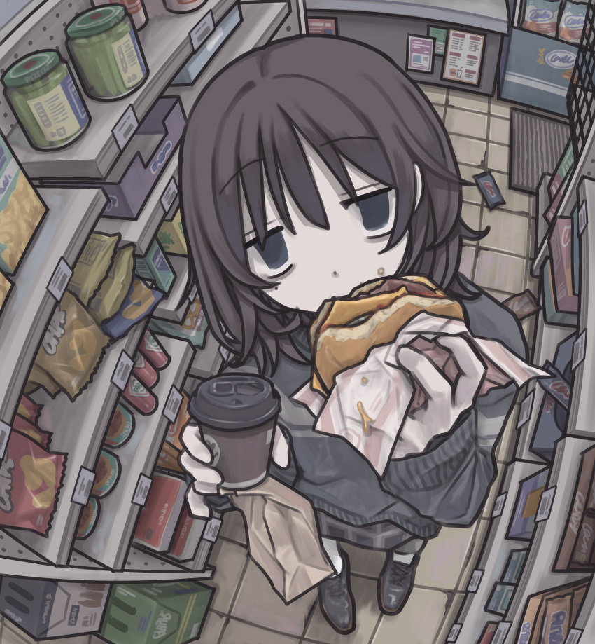 1girl, absurdres, bag, bags_under_eyes, black_eyes, black_hair, burger, convenience_store, cup, disposable_coffee_cup, disposable_cup, doc_martens, dot_nose, eating, fisheye, food, food_on_face, foreshortening, from_above, grey_sweater, gudon_udon, hair_between_eyes, highres, holding, holding_burger, holding_food, looking_at_viewer, messy_bangs, messy_hair, muted_color, original, pale_skin, paper_bag, shop, solo, standing, sweater