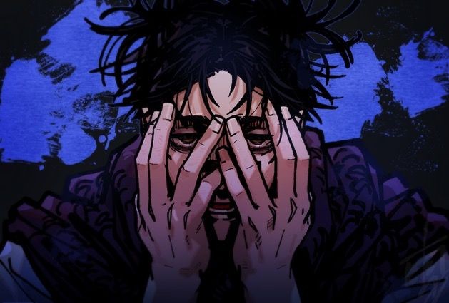 1boy, black_hair, choso_(jujutsu_kaisen), covering_face, facial_tattoo, grmms_otk, hands_on_own_face, jujutsu_kaisen, looking_at_viewer, male_focus, open_mouth, shirt, short_hair, short_twintails, solo, tattoo, twintails, upper_body