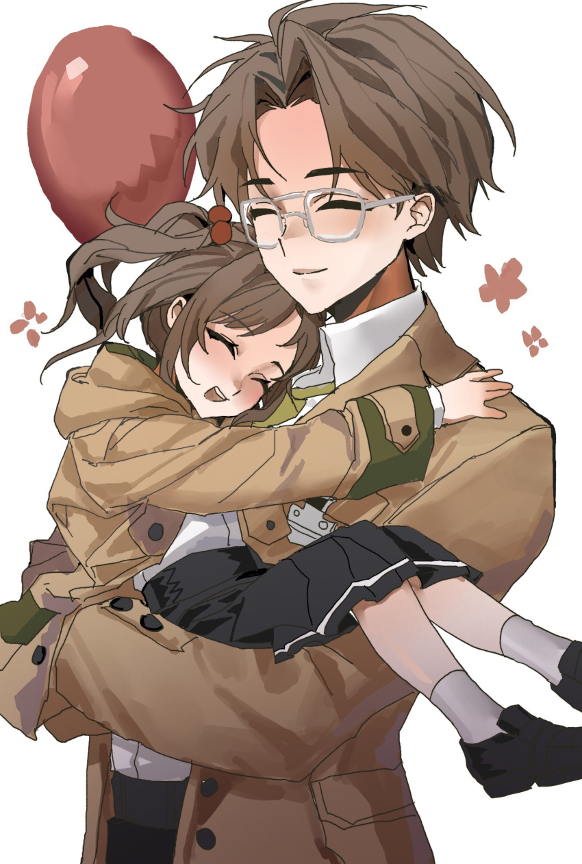 1boy, 1girl, age_difference, azuko_(black_survival), balloon, black_pants, black_shoes, black_skirt, black_survival, brown_hair, brown_jacket, carrying, carrying_person, child, chinese_commentary, closed_eyes, closed_mouth, collared_shirt, commentary_request, curtained_hair, father_and_daughter, gao_tongren_wanjiebufu, glasses, green_necktie, hair_bobbles, hair_ornament, highres, jacket, necktie, open_clothes, open_jacket, pants, pleated_skirt, shirt, shoes, shoichi_(black_survival), short_hair, skirt, smile, socks, white-framed_eyewear, white_background, white_shirt, white_socks