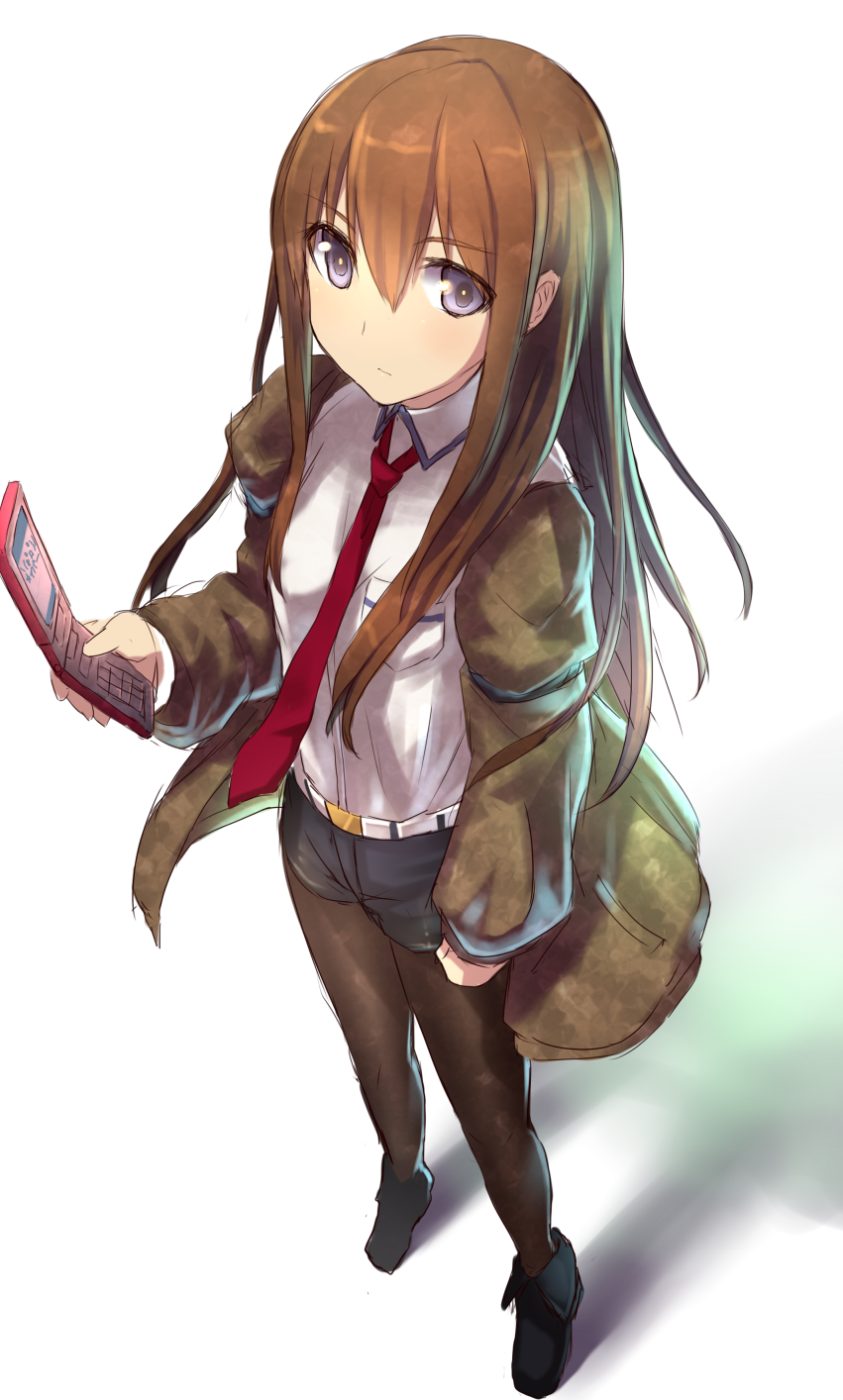 belt, blue_eyes, brown_hair, cellphone, from_above, highres, hirasato, jacket