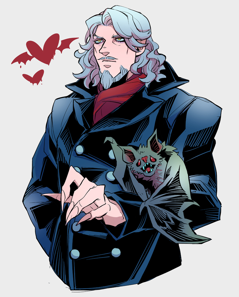 1boy, amon_sheep, animal, animal_on_arm, bat_(animal), bat_wings, beard, black_coat, buttons, castlevania_(series), coat, commentary, commentary_request, curtained_hair, dead_by_daylight, double-breasted, dracula_(castlevania), eyelashes, facial_hair, fangs, fingernails, grey_hair, hair_behind_ear, hand_in_pocket, heart, long_fingernails, long_sleeves, male_focus, mustache, partial_commentary, red_eyes, sharp_fingernails, sharp_teeth, simple_background, solo, teeth, wavy_hair, white_background, wings, yellow_eyes