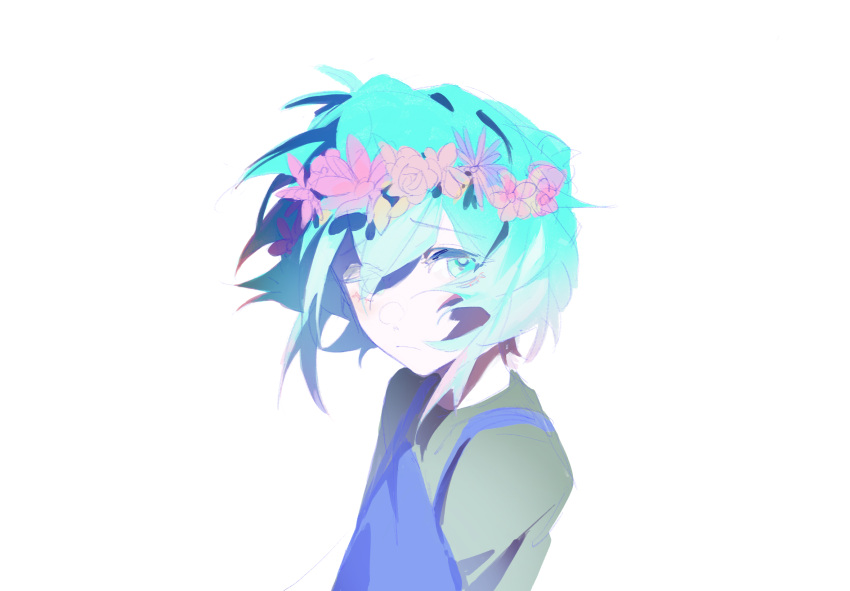 1boy, 404notfind000, apron, aqua_eyes, aqua_hair, basil_(headspace)_(omori), basil_(omori), blue_apron