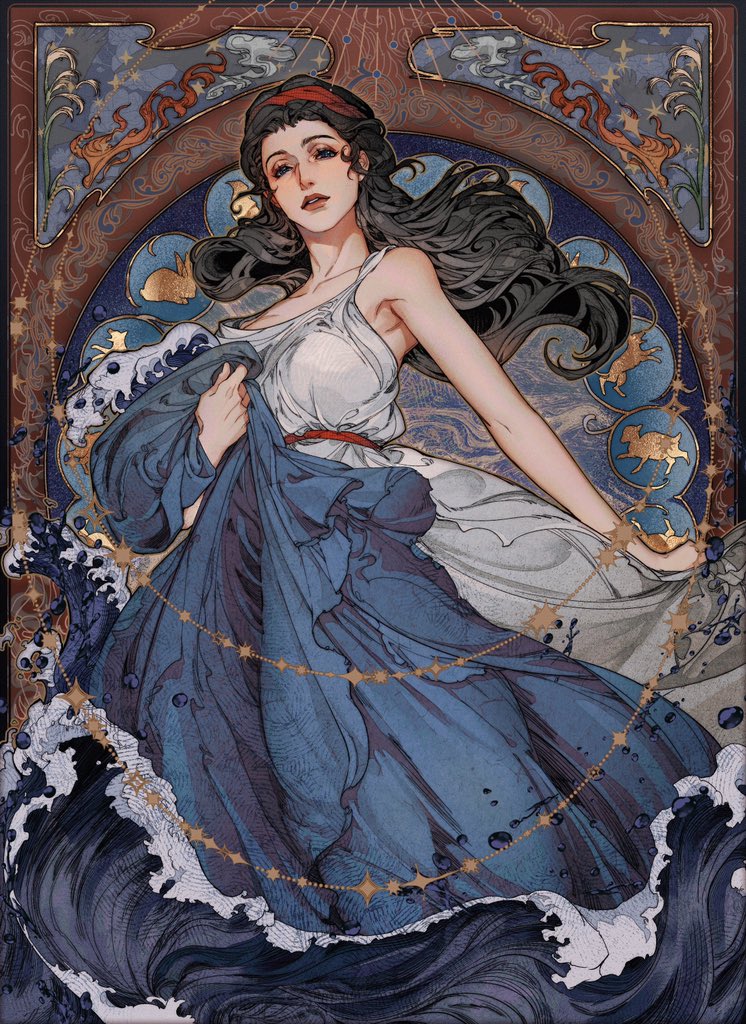 1girl, belt, bird, black_hair, blue_circle, blue_cloak, blue_eyes, border