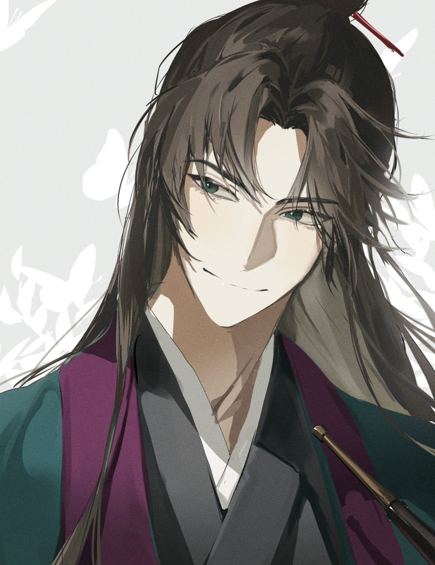 1boy, black_hanfu, brown_hair, bug, butterfly, chinese_clothes, closed_mouth, green_eyes