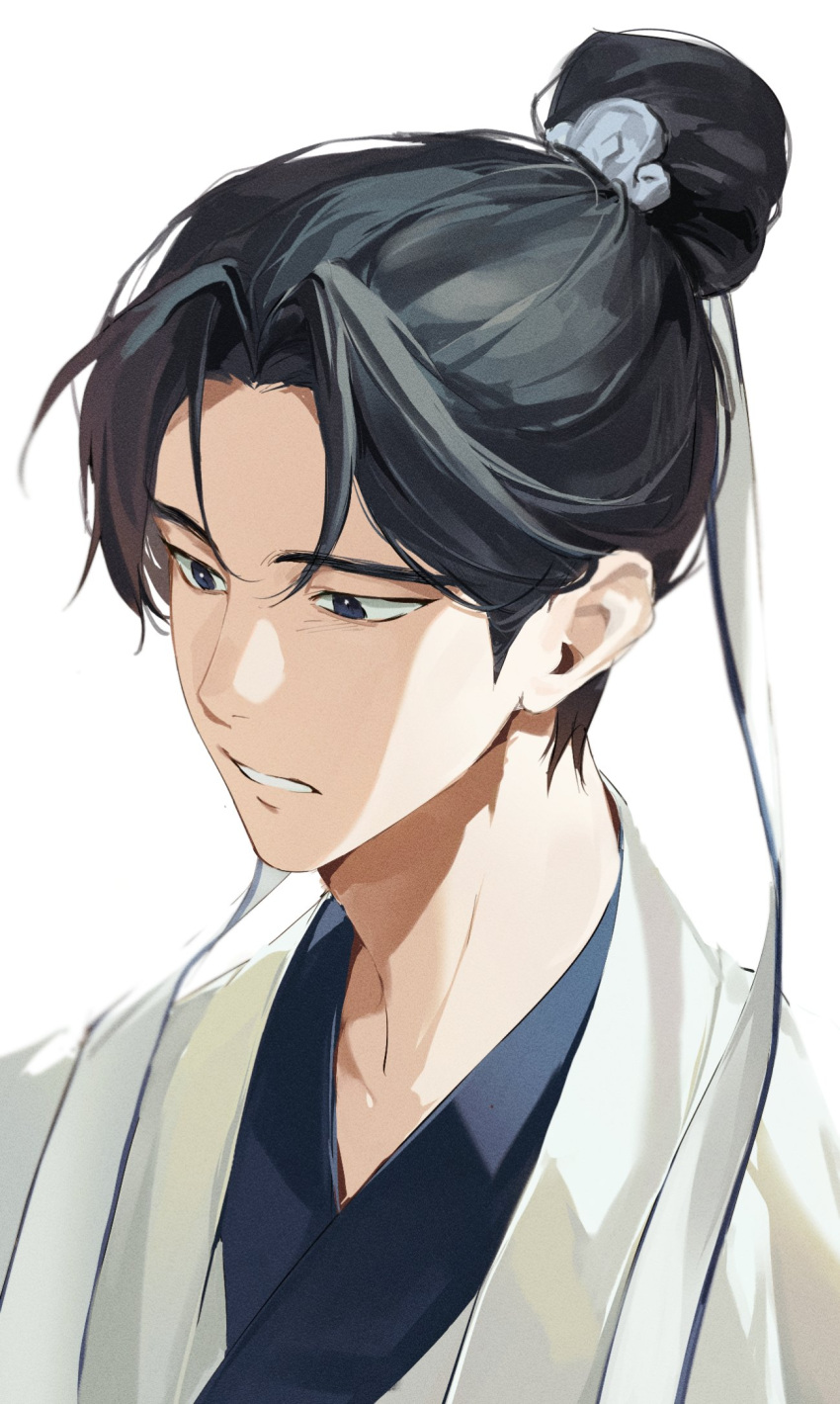 1boy, black_hair, blue_eyes, chinese_clothes, hair_bun, hair_ribbon, hanfu, highres, korean_commentary, lee_songbaek, long_hair, looking_down, male_focus, parted_lips, qs_g_g, return_of_the_mount_hua_sect, ribbon, simple_background, single_hair_bun, solo, upper_body, white_background, white_hanfu, white_ribbon