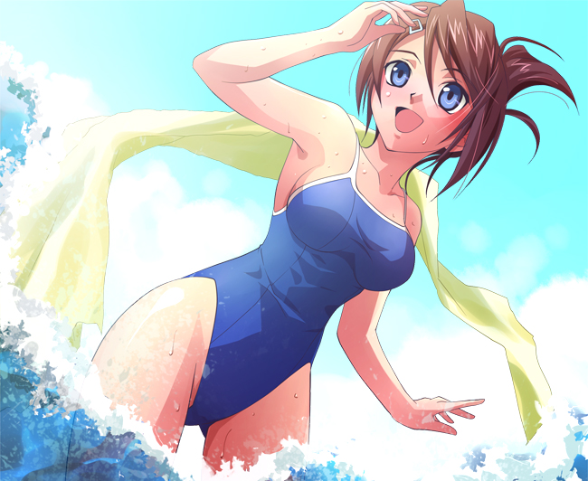 asahina_aoi_(dangan-ronpa), blue_eyes, breasts, brown_hair, dangan-ronpa, dangan_ronpa, dutch_angle, hair_ornament