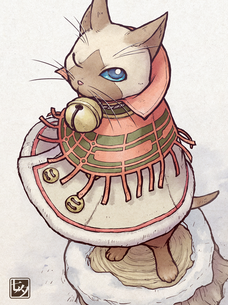 1girl, animal_nose, bell, blue_eyes, brown_fur, cat, coat, felyne