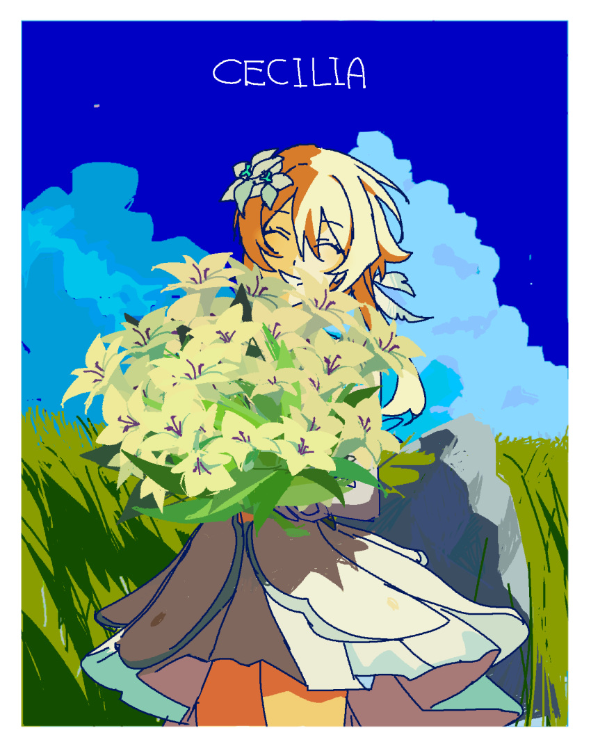 1girl, blonde_hair, blue_sky, bouquet, clouds, day, dress, english_text