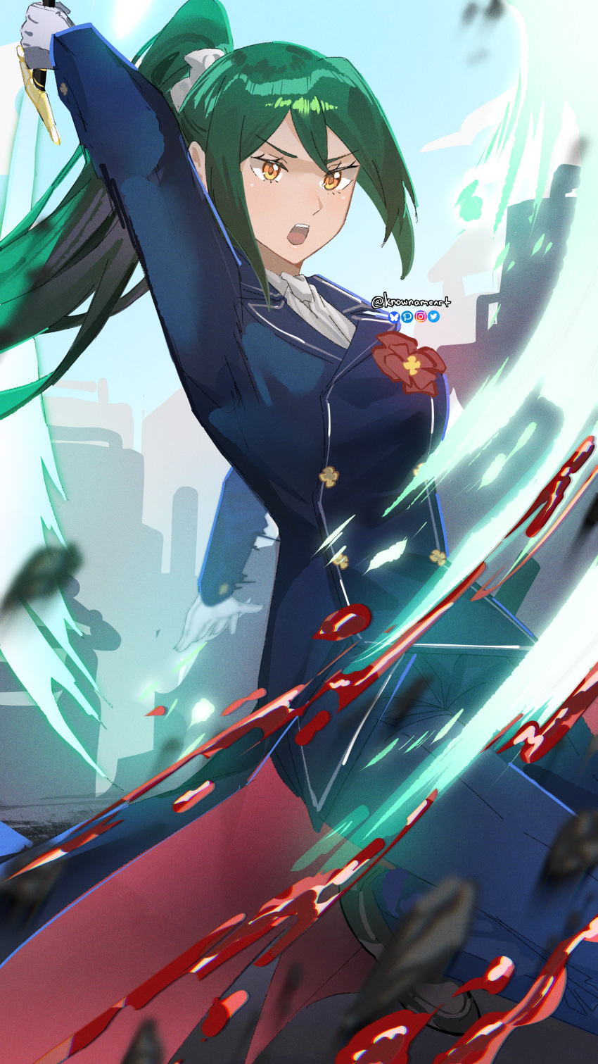 1girl, absurdres, blood, blue_sky, bow, breasts, building, clouds