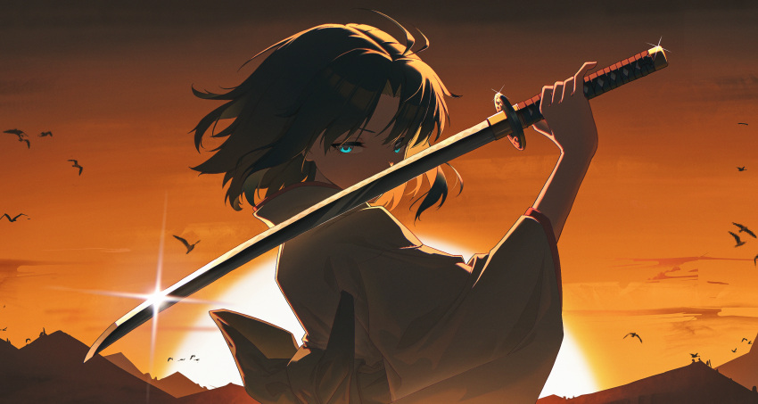 1girl, ahoge, black_hair, blue_eyes, brown_hair, enoharatoki, fate/grand_order, fate_(series)