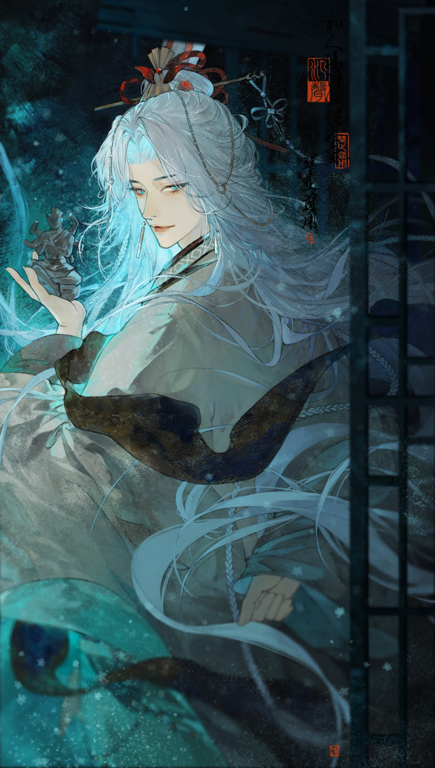 1boy, absurdres, arm_behind_back, blue_eyes, blurry, blurry_background, blurry_foreground, braid, brown_hanfu, cheng_yu_(code:_kite), closed_mouth, code:_kite, commission, curtained_hair, depth_of_field, earrings, floating_earring, glowing, hair_ornament, hair_over_shoulder, hair_stick, highres, holding, jewelry, long_hair, long_sleeves, male_focus, night, parted_bangs, shisanzheyuan, sitting, solo, statue, very_long_hair, watermark, white_hair, wide_sleeves, xiao_guan_(headdress)