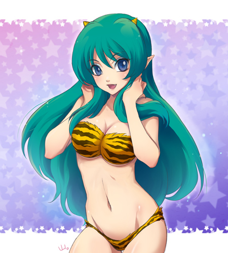 blue_eyes, fang, green_hair, horns, long_hair, lowres, lum, open_mouth