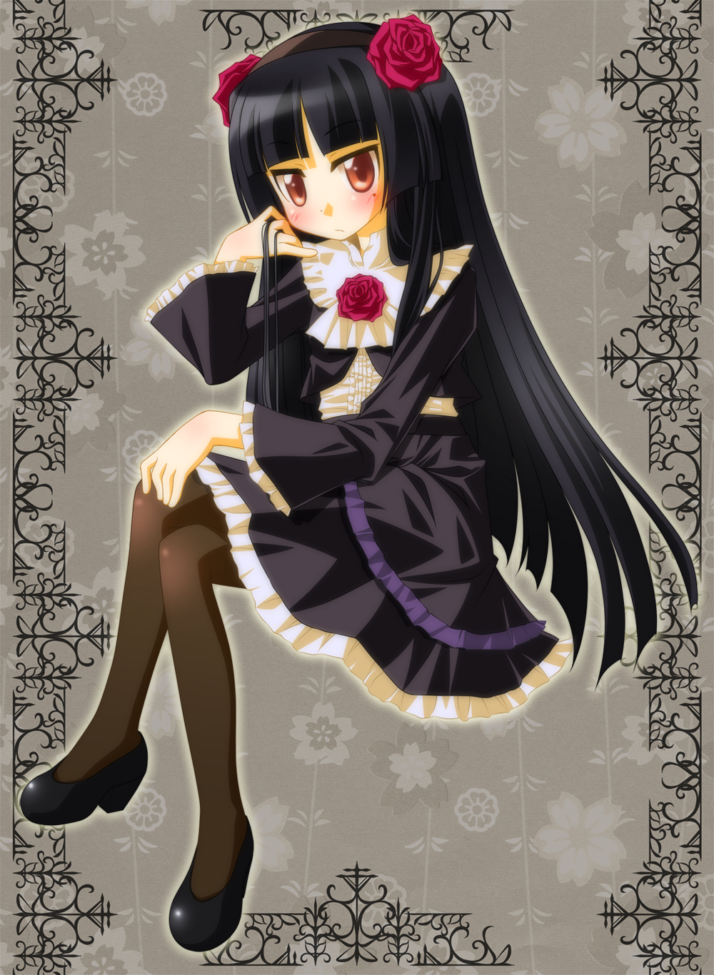 crossed_legs, dress, gokou_ruri, gothic_lolita, highres, legs_crossed, lolita_fashion, long_hair