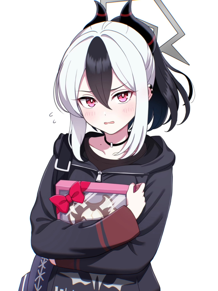 1girl, black_choker, black_hair, black_hoodie, blue_archive, blush, bow, box