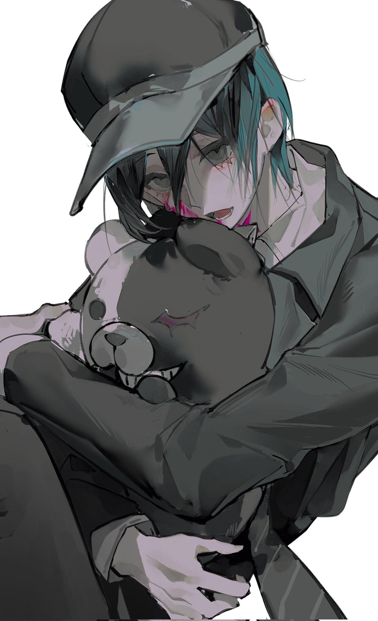 1boy, baseball_cap, bishounen, black_hair, black_jacket, blue_hair, blush, brown_eyes