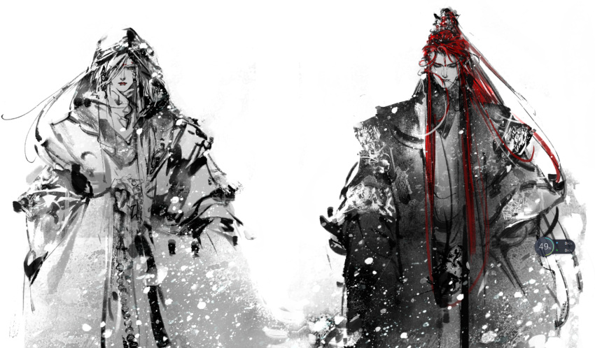 2boys, asymmetrical_bangs, chinese_clothes, closed_eyes, closed_mouth, facial_mark, feet_out_of_frame, floating_hair