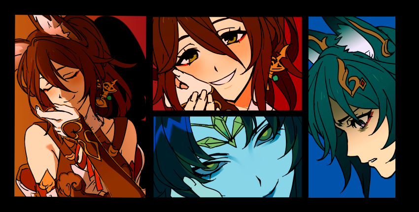 3girls, animal_ears, black_border, black_hair, blue_hair, blush, border, brown_eyes