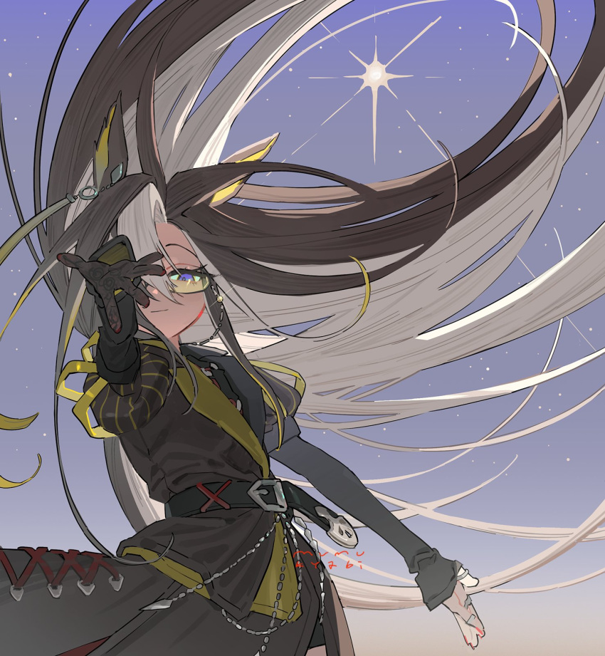 1girl, animal_ears, belt, black_hair, dream_journey_(umamusume), floating_hair, glasses, gloves