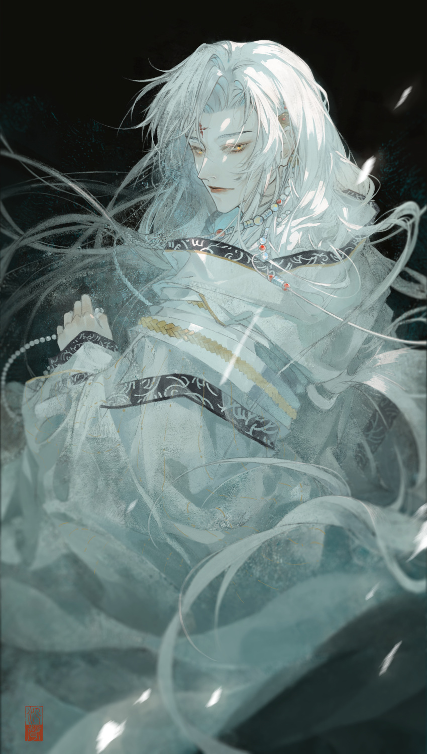 1boy, absurdres, asymmetrical_bangs, beads, black_background, chinese_clothes, closed_mouth, curtained_hair, facial_mark, floating_hair, from_side, hanfu, highres, huadian, jinguang_budaixi, long_hair, long_sidelocks, long_sleeves, looking_at_viewer, looking_to_the_side, male_focus, parted_bangs, prayer_beads, qiao_rulai, shisanzheyuan, sidelighting, sidelocks, sleeves_past_wrists, solo, upper_body, white_hair, white_hanfu, white_sleeves, wide_sleeves, yellow_eyes