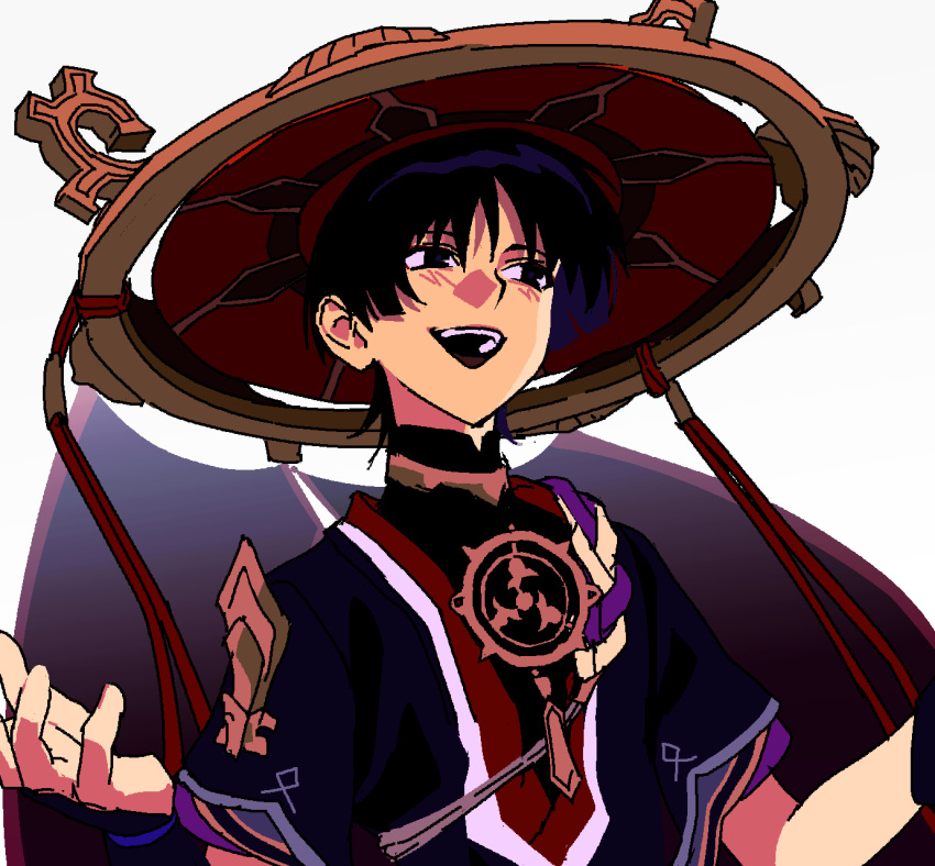 1boy, armor, black_eyes, black_hair, blush, genshin_impact, hair_between_eyes, hat