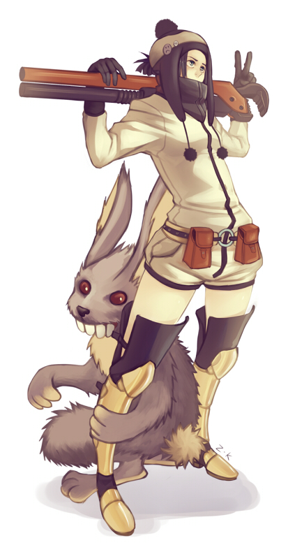 1girl, 24hrscoma, armored_boots, belt_pouch, black_gloves, black_hair, black_thighhighs, boots