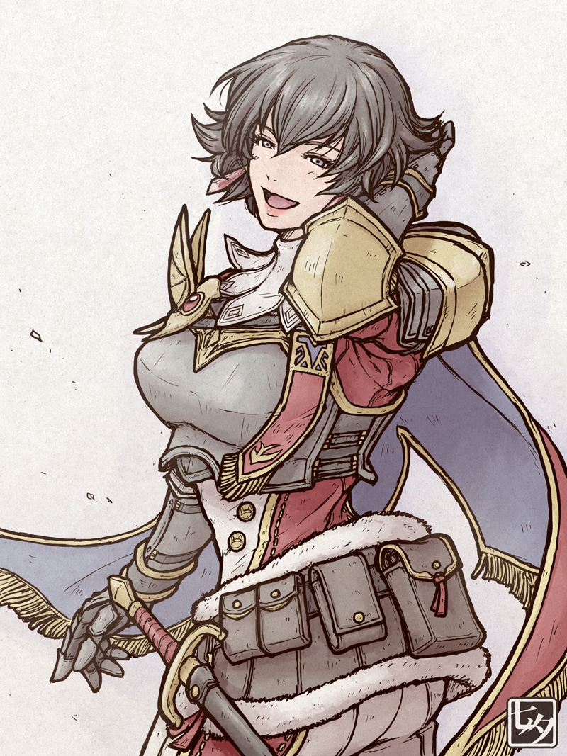 1girl, :d, armor, belt, belt_pouch, black_belt, black_gloves, black_hair, blue_cape, blue_eyes, boobplate, breastplate, buttons, cape, couter, crystal_earrings, earrings, eyelashes, fiorayne_(monster_hunter), fur_trim, gauntlets, gloves, hair_between_eyes, hand_up, jewelry, monster_hunter_(series), monster_hunter_rise, open_mouth, pink_lips, pouch, red_cape, scabbard, sheath, short_hair, shoulder_armor, smile, solo, standing, sword, tanabanata, two-sided_cape, two-sided_fabric, two-tone_cape, weapon